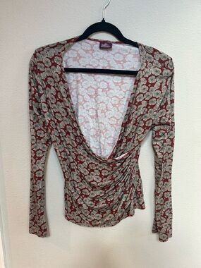 Salaam Red Floral Ruched Wrap-Front Long Sleeve Top, funky flower pattern